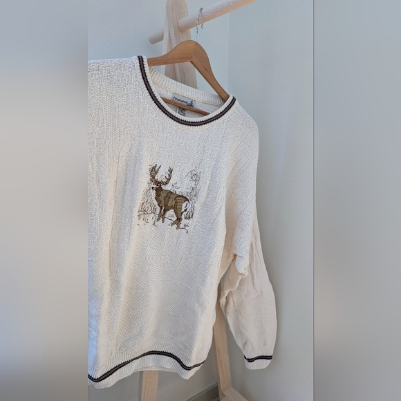 Vintage Chunky Textured Deer Embroidered Crewneck Sweater In Ivory - Picture 6 of 9